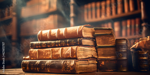 Old leather bound books on a shelf in a library Ink and Time: A Journey through Leather-Bound Pages Echoes of the Past: Tales from Leather-Bound Tomes Ai Generated 