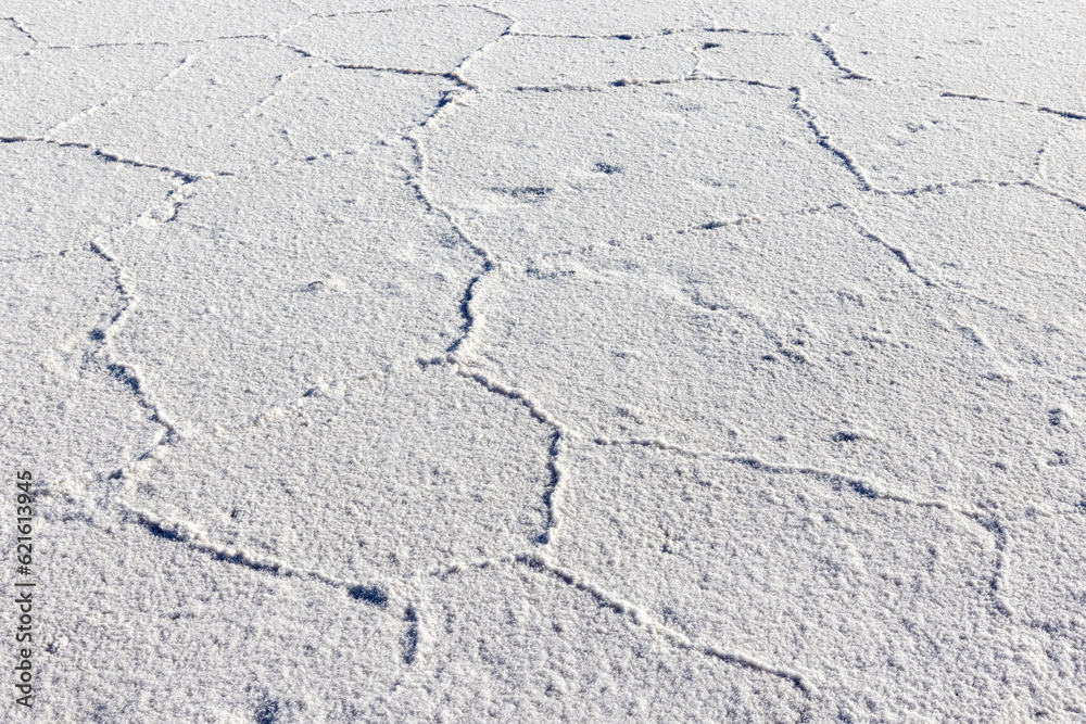 Obraz premium Exploring the huge salt flats Salinas Grandes de Jujuy in northern Argentina while traveling South America - close up of the surface