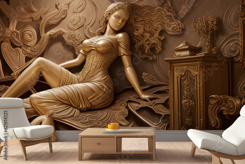 Wall mural of 3d wallpaper with a sculpture of a woman, in front of it is decorative furniture, generatie ai