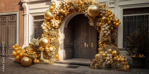 Arch of balloons with flowers.Decorated entrance door Exterior facade of building with front door.Grand Opening concept.Holidays event, vedding ceremony,birthday celebration, anniversary.Generative ai