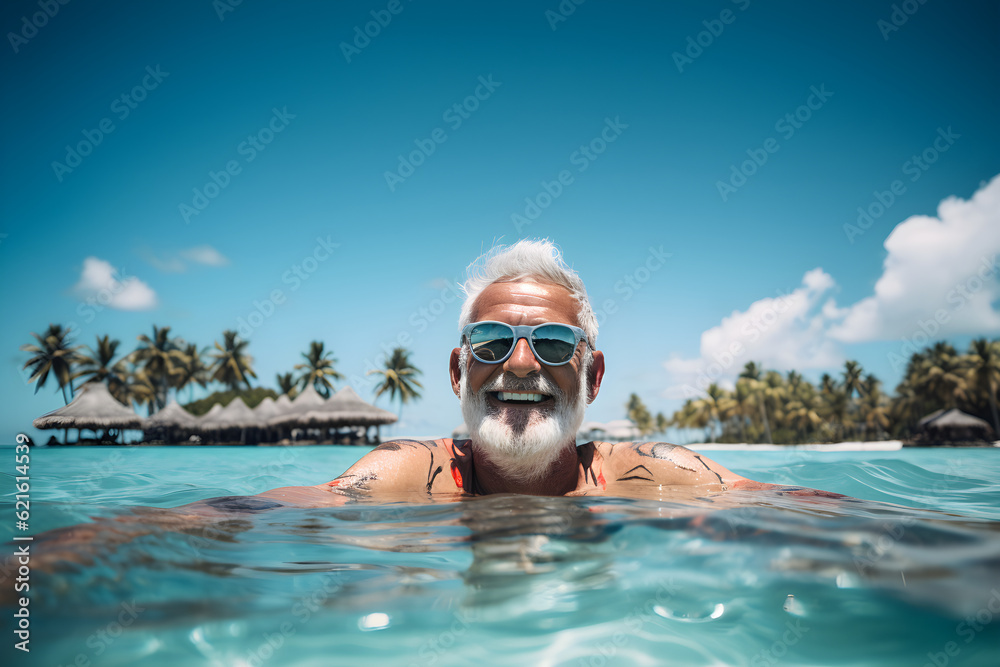 portrait of retired man relaxing in tropical sea