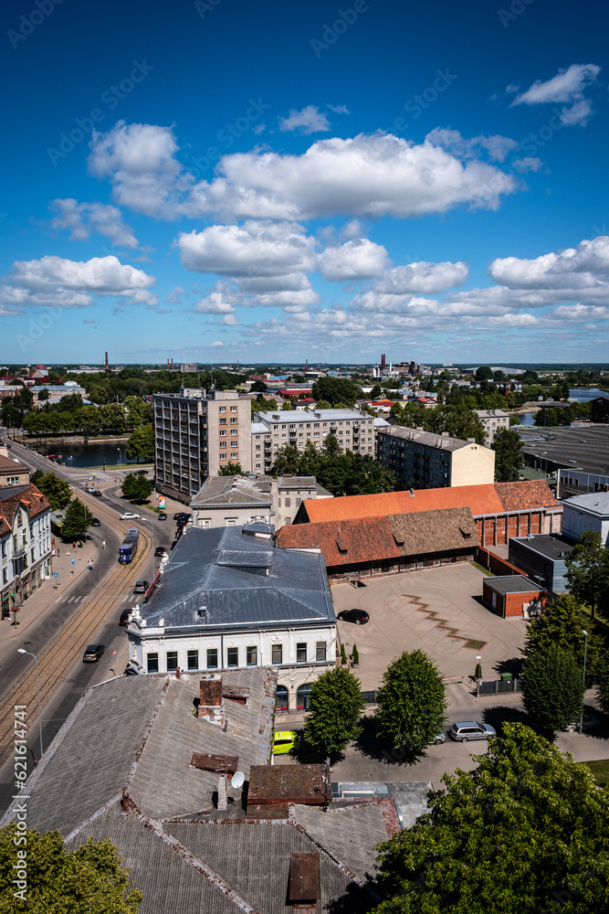 Fototapeta premium Liepaja, Latvia - June 29, 2023: aerial view of the city centre of the Liepaja city with historical buildings and traffic in the city