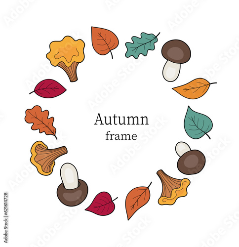 Autumn frame with mushrooms and leaves, autumn background.