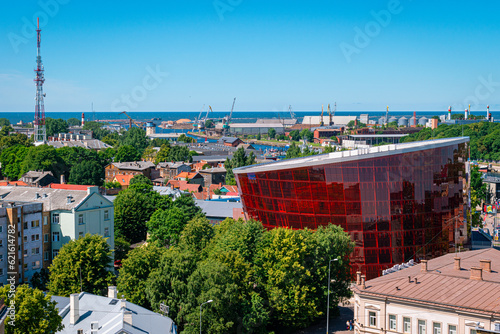 Liepaja, Latvia - June 29, 2023: aerial view of the city centre of the Liepaja city with historical buildings and the Concert Hall Great Amber