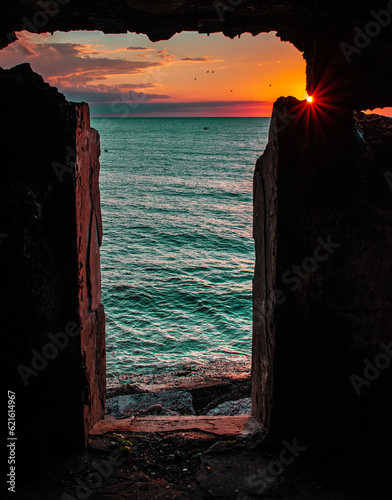 Beautiful and colorful sunset over the Northern forts in the Baltic sea coastline at Karosta (Liepaja, Latvia)