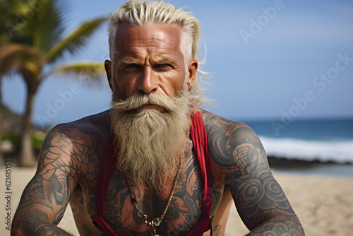 retired man with tattoos beach portrait