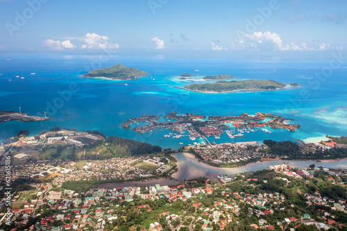 Aerial panoramic view of Mahe coastline, Seychelles