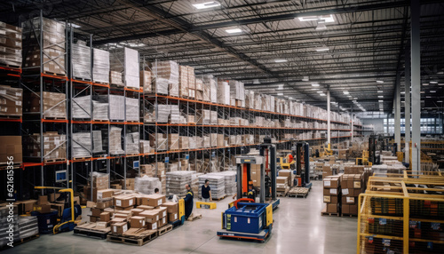 Image of a modern picking warehouse in all its bustling glory.diploma  two people  graduation  young adult  pride  certificate  looking at camera  retirement  campus  one person  university  confidenc