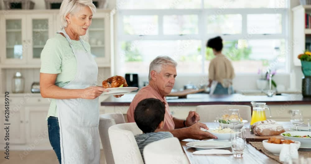 Home food, serving chicken or happy family lunch, eating meal or sharing at Thanksgiving buffet. Grandmother, sitting kids and senior man, woman or people bond, hungry and enjoy turkey meat together Home food, serving chicken or happy family lunch, eating meal or sharing at Thanksgiving buffet. Grandmother, sitting kids and senior man, woman or people bond, hungry and enjoy turkey meat together
