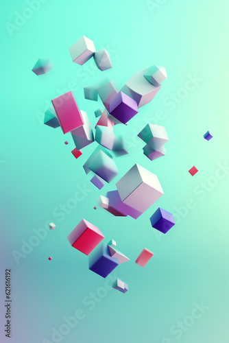 Colorful composition of flying figures on light metallic green mint background. Glowing triangle, spheres, torus, tubes, cones in motion . Futuristic gradient poster. Generative AI.