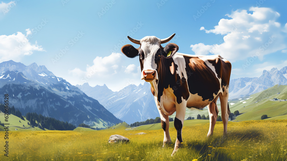 cow in a field with mountains in the background, generative ai 