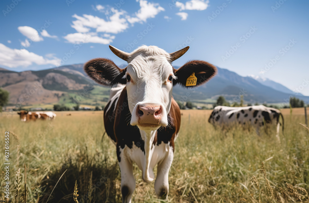 cow in a field with mountains in the background, generative ai 