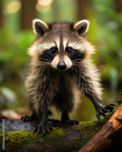 Cute raccoon looking at camera while walking on fallen tree in rainforest on blurred background, generative ai 