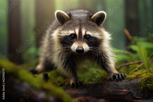 Cute raccoon looking at camera while walking on fallen tree in rainforest on blurred background, generative ai 