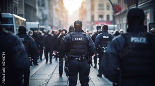 group of police officers donning their uniforms patrolling the city streets, maintaining law and order during public demonstrations, generative ai 