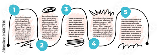 5 steps infographic with hand drawn text box, arrows. Step by step instruction. Empty way progress design template. Data visualization. Scribble design element for presentation with copy space. Layout