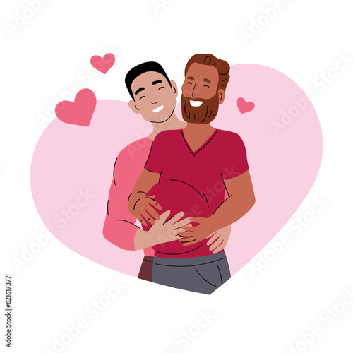 Pregnant transgender queer man. Two homosexual men. Interracial gay couple expecting a baby. Men of different races hugging. Love concept. Happy Valentine's day.