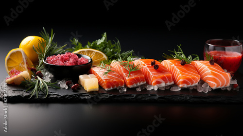 A minimalist composition of nigiri sushi on a black slate, sushi background, food Generative AI