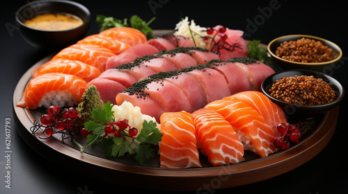 A top-down view of a sushi platter featuring a variety of rolls and sashimi, sushi background, food Generative AI