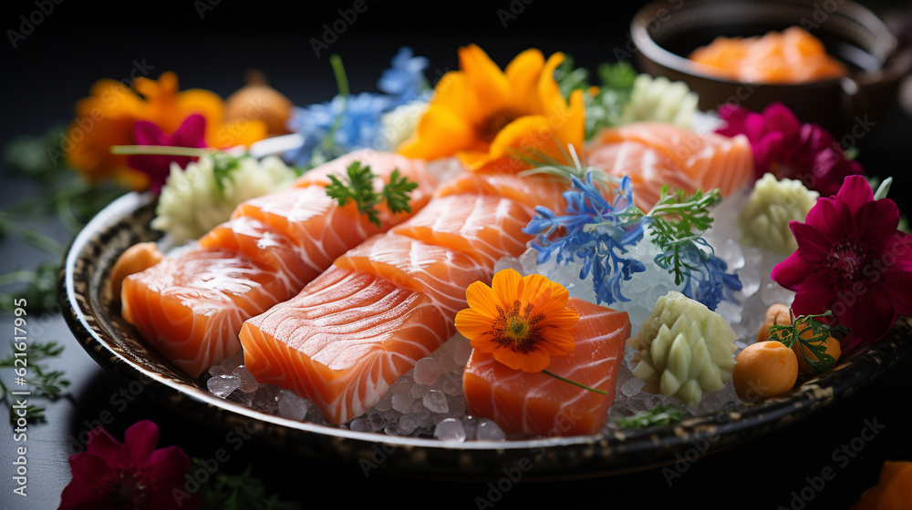A close-up of fresh sashimi arranged in an elegant pattern, sushi banner, food Generative AI A close-up of fresh sashimi arranged in an elegant pattern, sushi banner, food Generative AI