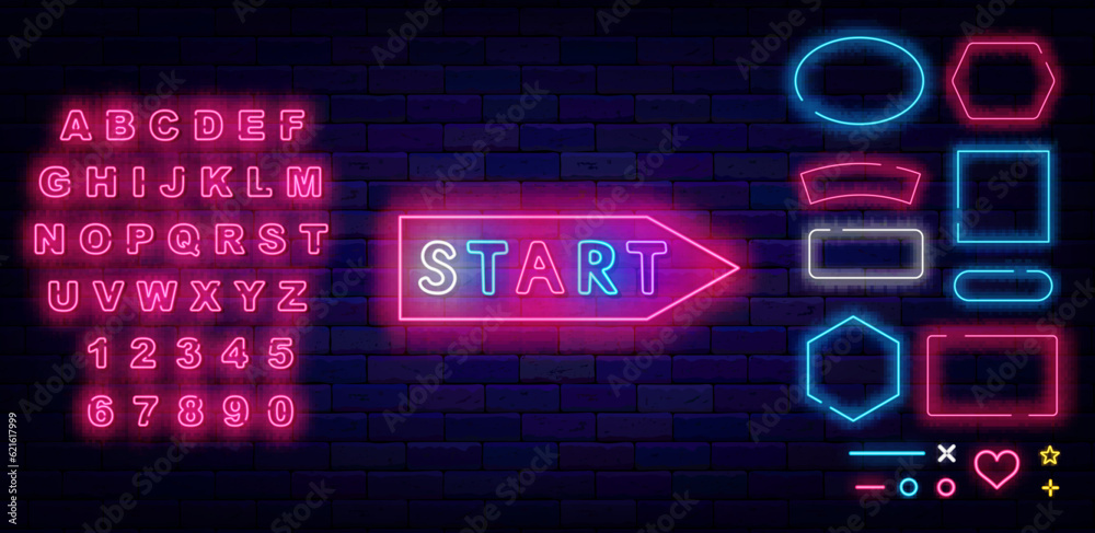 Start neon signboard. Game begining label. Arrow frame. Minimal inscription. Vector stock illustration