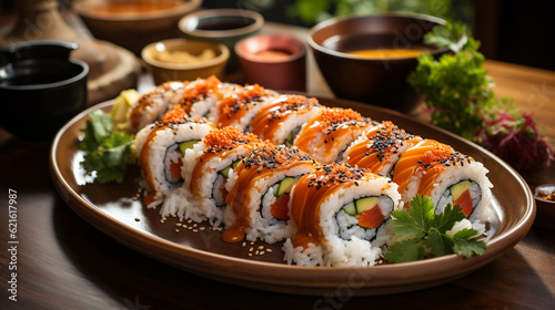 A plate of sushi rolls placed on a bamboo placemat against a backdrop of Japanese calligraphy, sushi background, food Generative AI