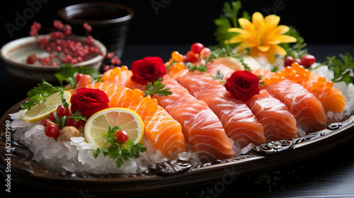 A close-up of fresh sashimi arranged in an elegant pattern, sushi banner, food Generative AI