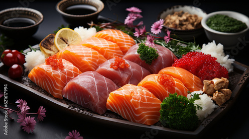 A close-up of fresh sashimi arranged in an elegant pattern, sushi banner, food Generative AI