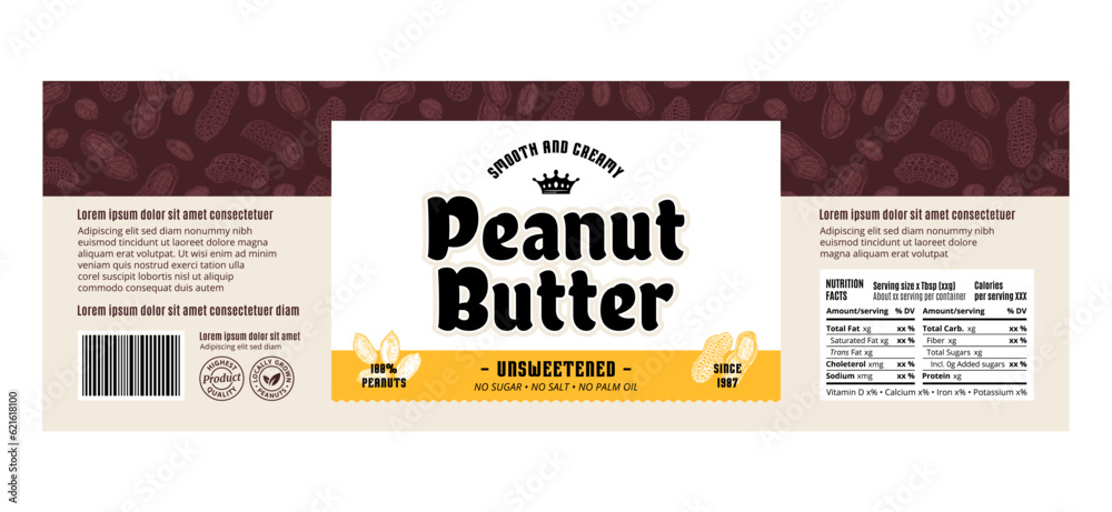 Peanut butter label or packaging design template. Vector peanut illustrations