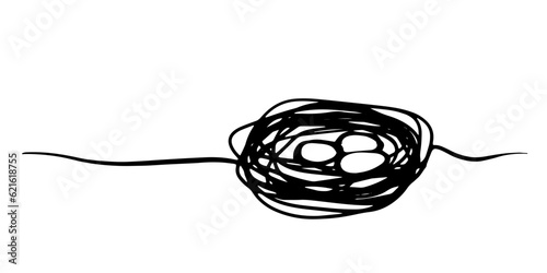 Nest in continuous line art drawing style set. Doodle line border with nest and egg. Minimalist black linear design isolated on white background. Vector illustration