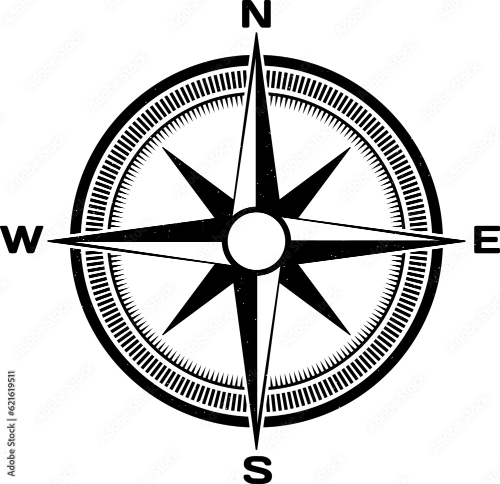 Compass. Wind rose on grunge background. Old compass for card design. Vector design element.