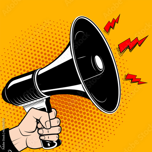 Hand with megaphone in pop art style. Comic style bullhorn. Design element in vector.