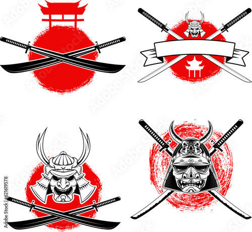 Set of samurai karate school labels. Ninja shurikens.  Design elements for logo, label, emblem, sign, badge .Vector illustration.