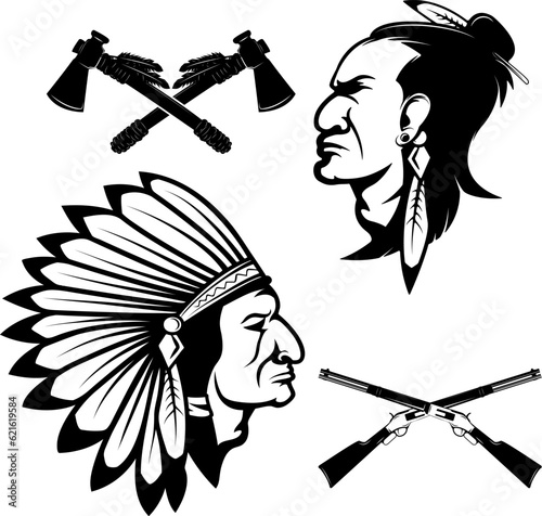Set of american native chief heads. American indians headdress and weapon. Crossed tomahawks.  Design elements for logo, label, emblem, sign, badge, brand mark.