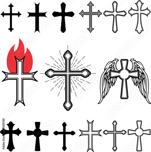 Set of different crosses. Cross with sun rays. Cross with fire. Winged cross. Church emblem templates. Design element in vector.