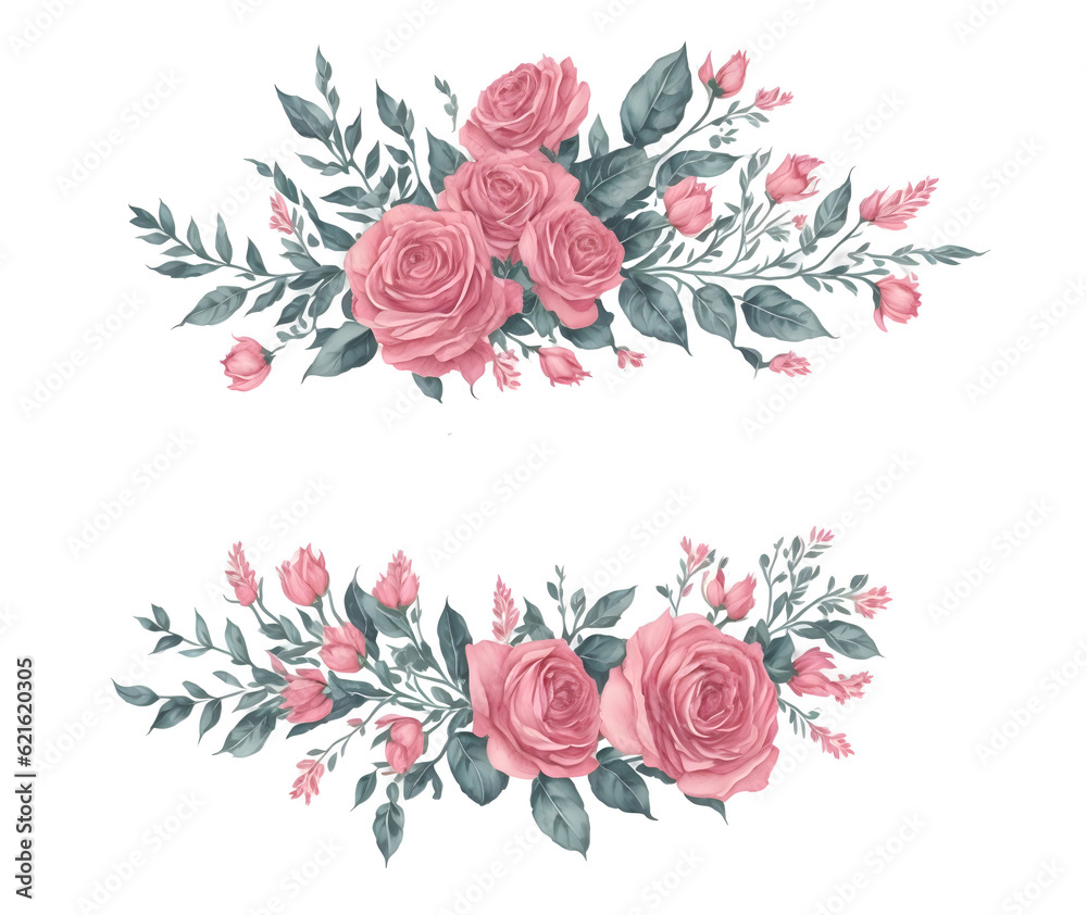 Card watercolor pink rose flower with leaves frame on transparent background,generative ai