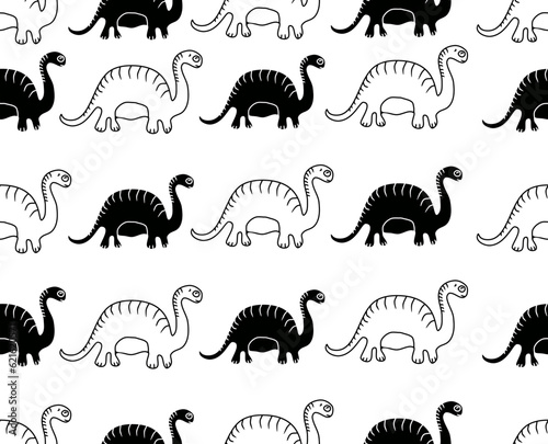monochrome and line art silhouette illustration of a cute dinosaur as a seamless pattern