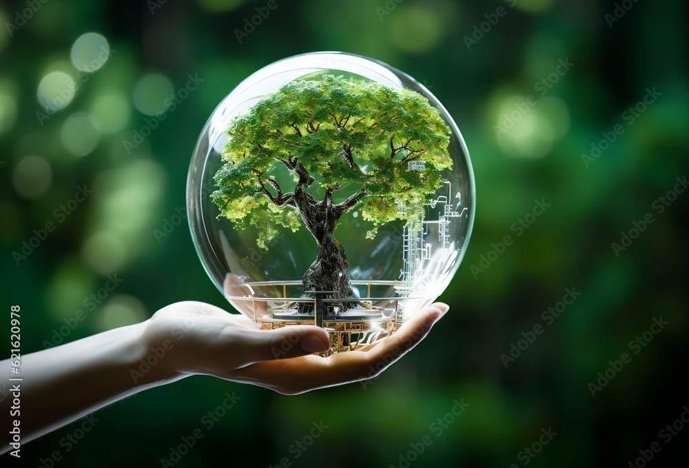 Earth crystal glass globe ball and tree in robot hand saving the environment, save a clean planet, ecology concept. technology science of environment concept for the development of sustainability.