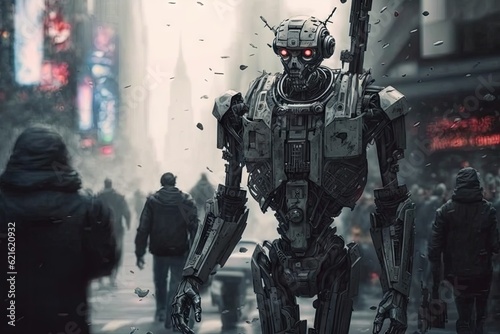 The robot walks down a city street with the humans