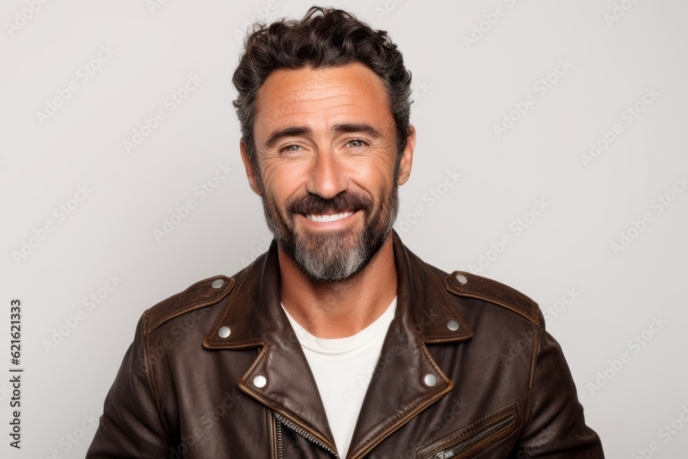 man in his 40s that is wearing a retro leather jacket against a white background man in his 40s that is wearing a retro leather jacket against a white background