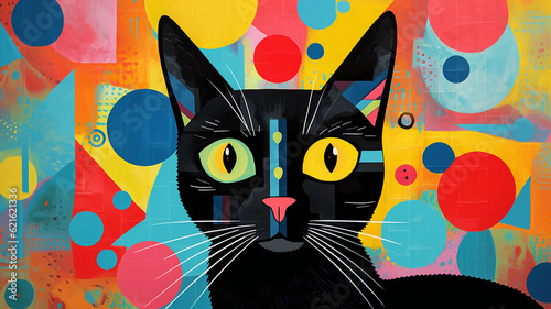stylized cute black cat mid-century modern art
