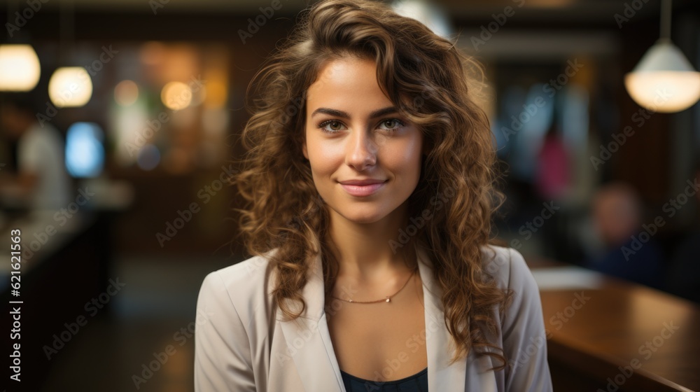 Smiling woman standing in cafe Smiling woman standing in cafe
