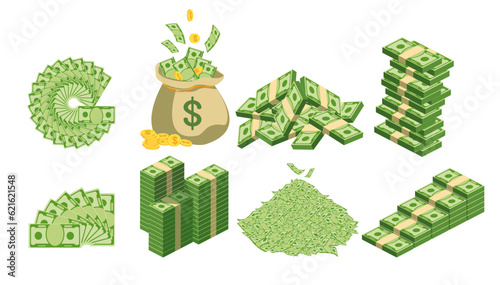 Money bag with money set. Dollar coins and banknotes.
