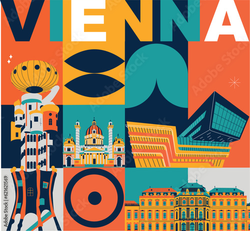 Typography word "Vienna" branding technology concept. Collection of flat vector web icons. Culture travel set, famous architectures, specialties detailed silhouette. Austria famous landmark