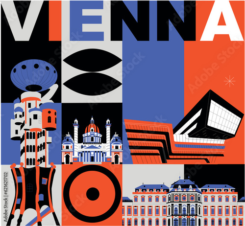 Typography word "Vienna" branding technology concept. Collection of flat vector web icons. Culture travel set, famous architectures, specialties detailed silhouette. Austria famous landmark