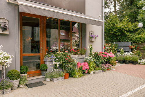 Facade of beautiful flower shop with different housplants and flowers . High quality photo