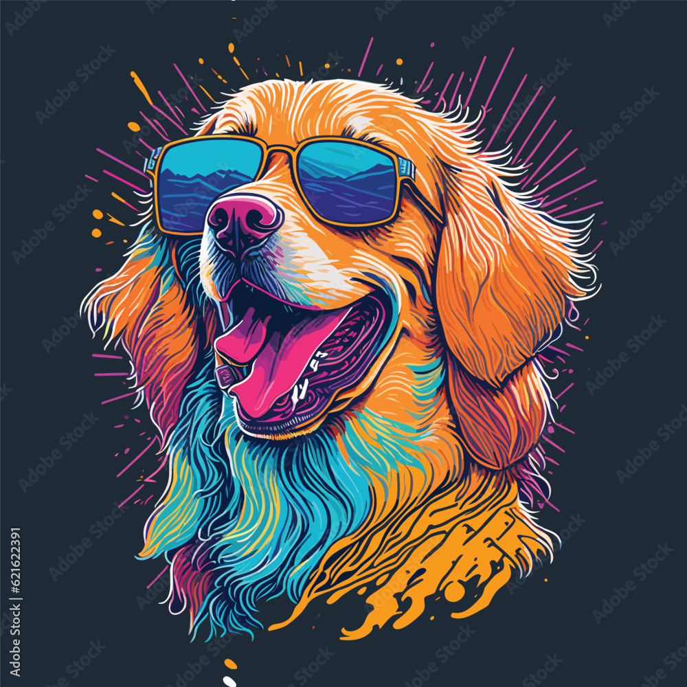 Cute Colorful Golden Retriever Dog Wearing Sunglass Art Illustration Vector Design
