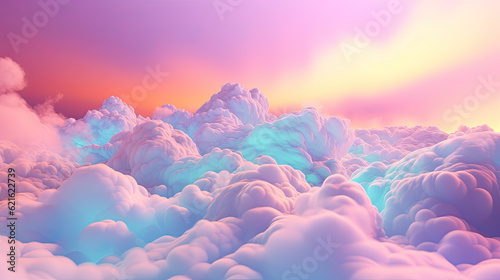 Rainbow unicorn background with holographic clouds. Pastel color sky. Magical landscape, abstract fabulous pattern. Cute candy wallpaper. Generative AI. High quality illustration. © Infusorian
