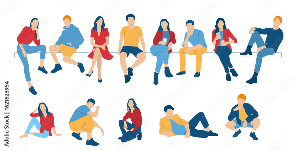 Men and a women sitting on a bench, different colors, cartoon character, group  silhouettes of business people, students, the design concept of flat icon, isolated on white background