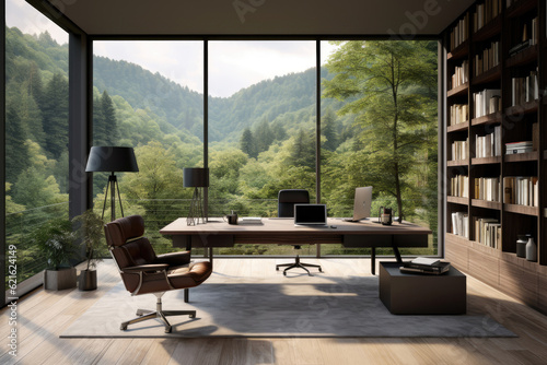 Forest Focus: Modern Minimalist Home Office with Floor Windows © Jyukaruu's Studio
